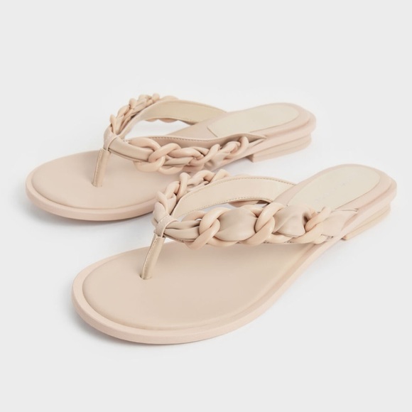 NEW Charles & Keith Vegan Leather Braided Chain Flip Flops Sandals - Picture 4 of 8